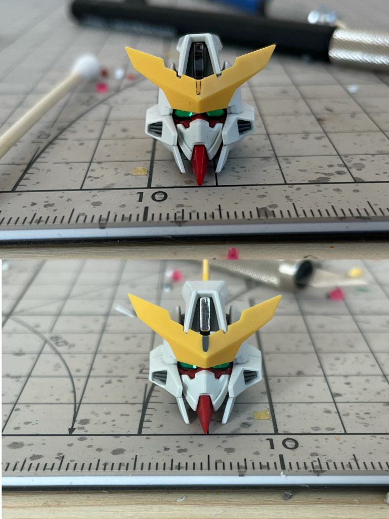 顔パーツの裏側にプラ板を挟み込んで角度を調整し、さらに赤いパーツを鋭く削ることで、よりカッコいい顔立ちに仕上げました！