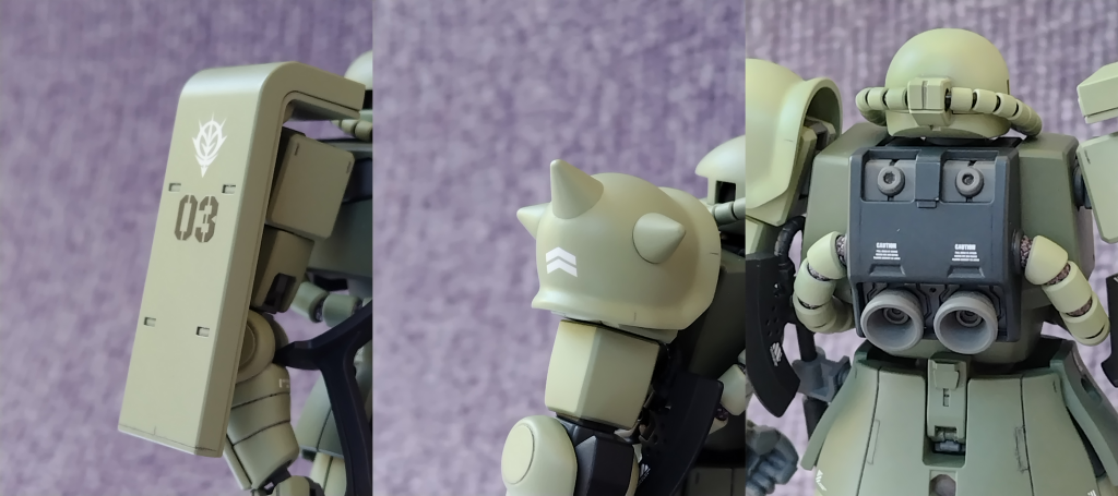 両肩とバックパックのデカールは貼り付け後、クリアーを吹いて研ぎ出しによる段差消しに挑戦。完全には消えませんでしたが、だいぶ目立たなくなりました。