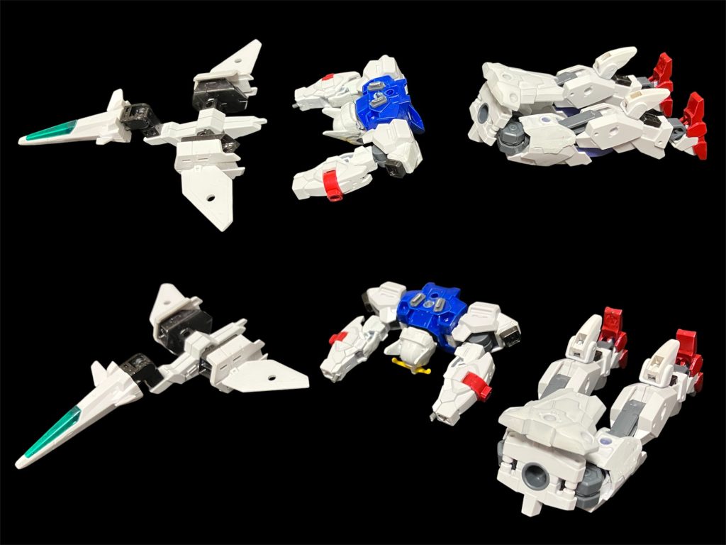 左からバックパックに変形するコアファイター・ハンガー・ボトム^_^合体変形もできる！？コアファイターの変形は奇せずしてGQと同じだったのが複雑^_^