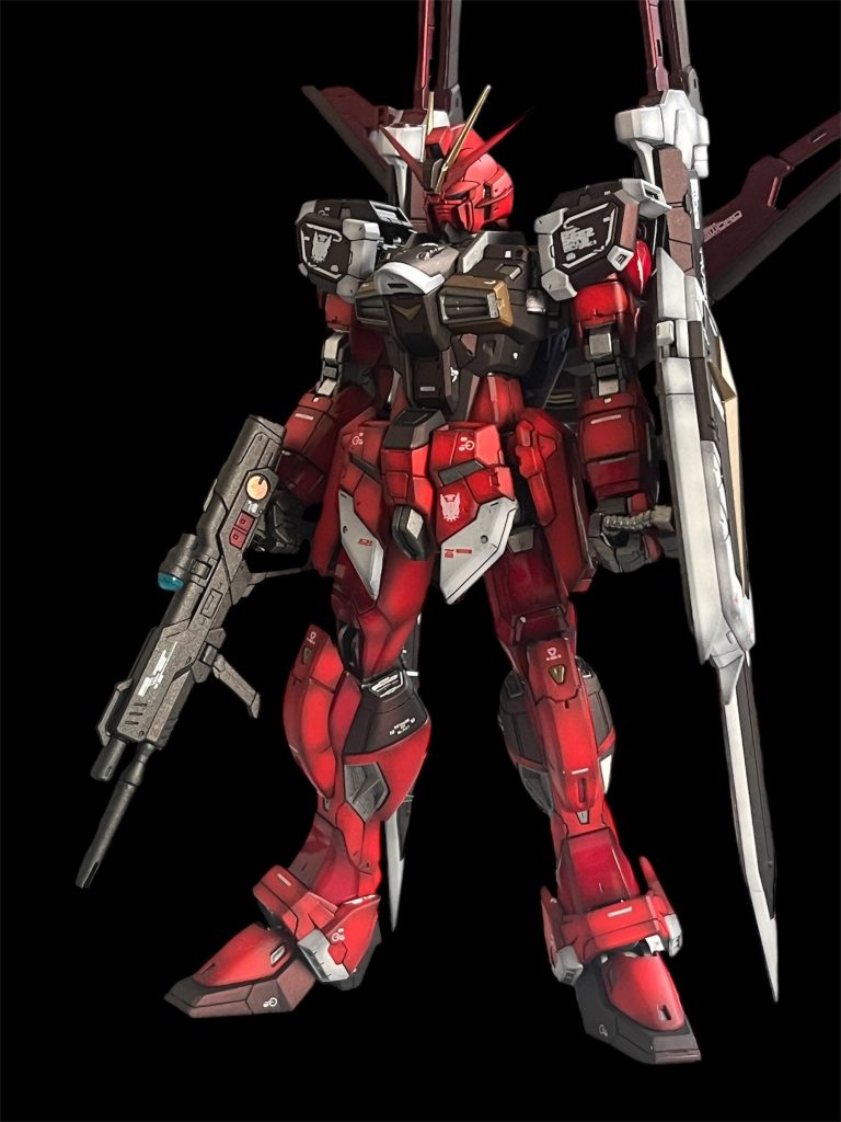 塗装レシピ赤①　下地ダークブラウンにピンクホワイトでハイライト→クレオスクリアルージュ赤②　下地ダークブラウンにピンクホワイトでハイライト→ガイアクリアレッド黒　ウイノーブラック+ルビーレッド関節　スターブライトアイアンとEXシルバーライフル　ヘキサガンメタル