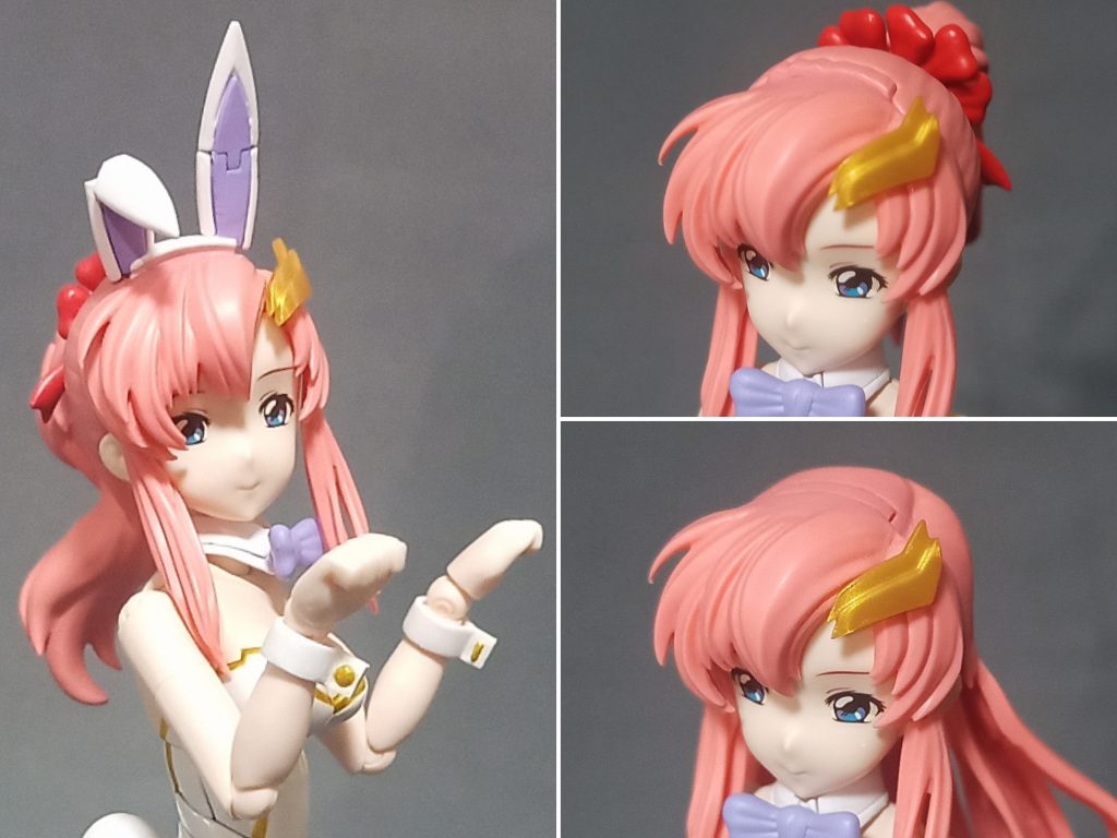 ウサ耳はララネルキットのままのものだとストレートで味気ないので「どうせ曲げるなら可動で」と思い真ん中辺りでカットしプラ板で若干延長しつつ0.5㎜の真鍮線通して可動としました腕はラクスキットのものから一般的なバニースタイルっぽいものに交換可ウサ耳外した際の頭頂部パーツはポニーテール以外に元髪型用のも作成