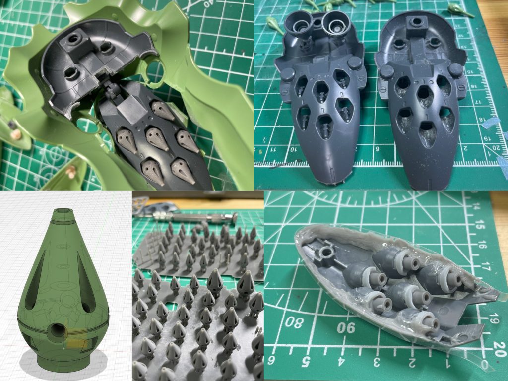 ファンネルは横からつけるタイプだったので、3Dプリンターで作り直し塗装前に先端に1mmの真鍮線を差し込んで長めにしています。2mm丸棒で接続できるように変更