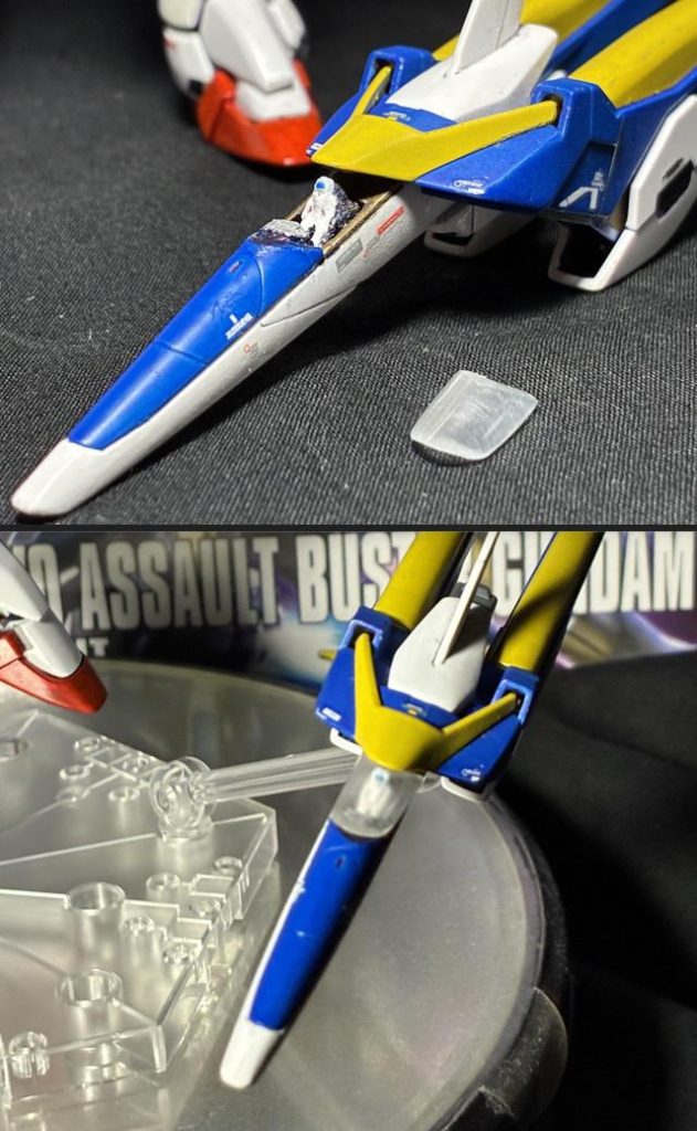 また今回は付属のコアファイターを加工してパイロット及びモニター、座席をパテで造形して搭乗させています。これも新たな試みでしたが割とうまくいった気がします。