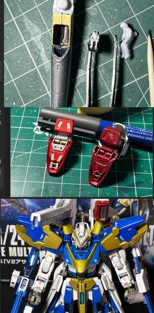 一番上の画像 コクピットのクリアパーツは旧キット1/100のV2ガンダムから元のサイズを小さく加工しました。左自作のパテで造形したウッソ 右旧キットHG1/100付属のウッソ