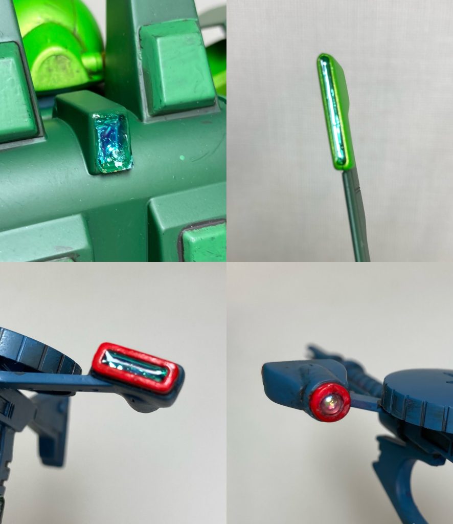 その他センサー類は、メッキ調シールを貼った上に、100均のUVレジン(クリアグリーン色)を流し込んだり、VCドームを嵌め込んだりしています。