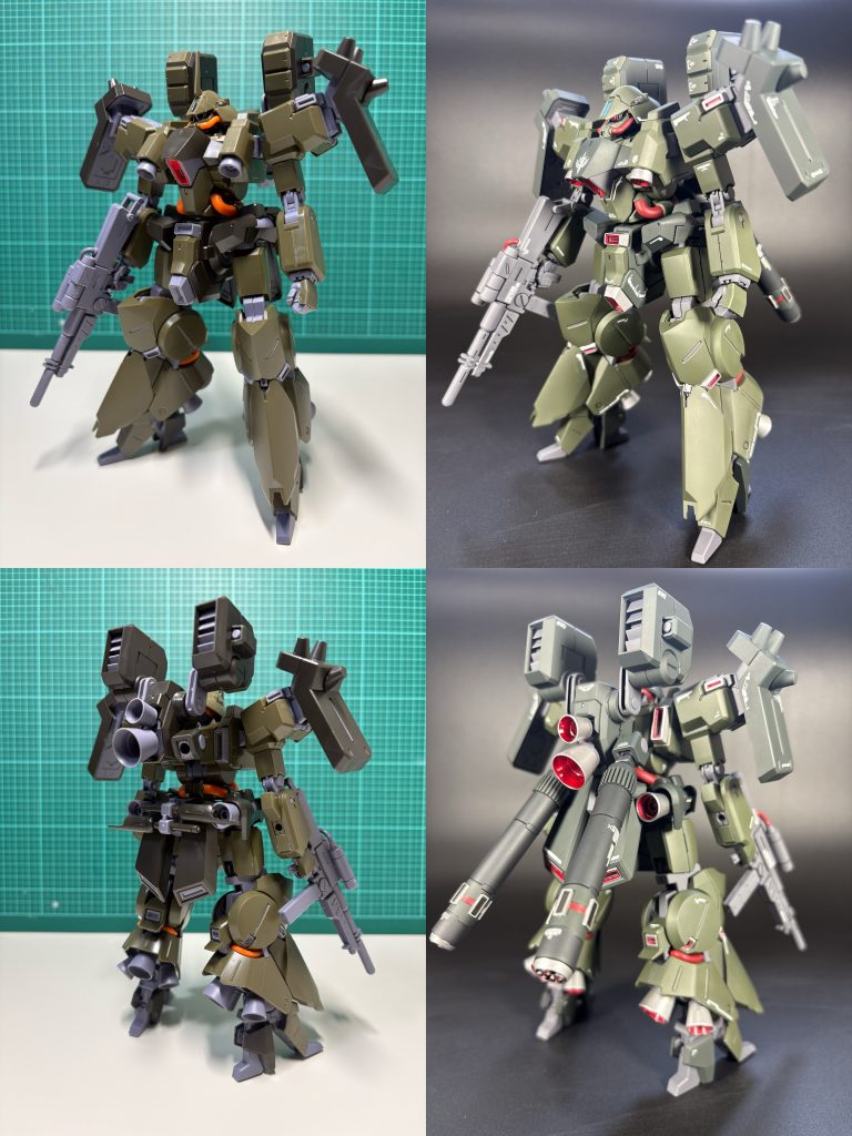 使用塗料 (C)クレオス、(G)ガイア、(T)タミヤ下地 サーフェサーEVOブラック(G)メイン緑 ヘキサダークグリーン(G)メイン濃緑 RLM70ブラックグリーン(C)フレーム メカサフヘビィ(G)動力パイプ あずき色(C)武器 メカサフヘビィ(G)バーニアスラスター シルバー(C)、エナメルクリヤーレッド(T)センサー類 シルバー(C)→蛍光ピンク(G)、蛍光ブルー(G)ビームエフェクト クールホワイト(C)→蛍光イエロー(G)スミ入れ ブラック(T)トップコート スーパースムースクリアつや消し(C)、光沢クリアー(C)