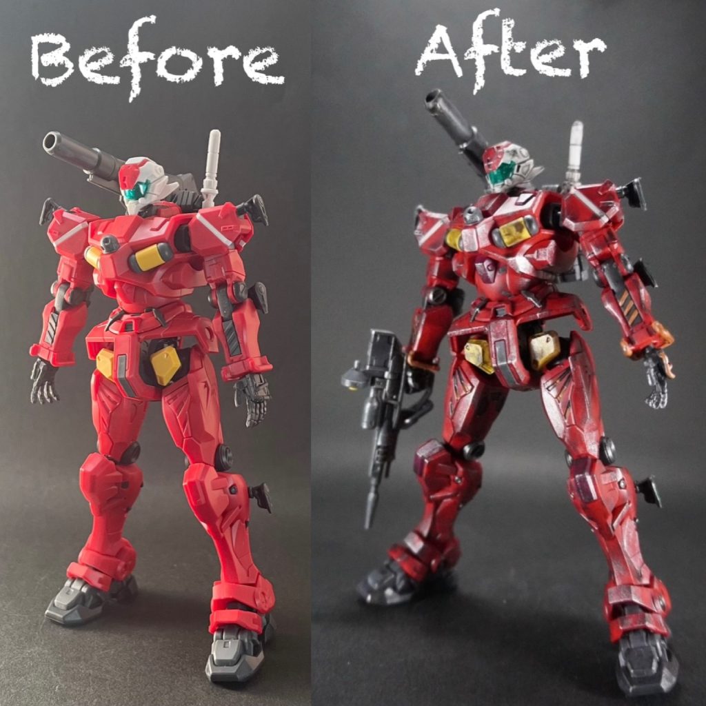 素組みとのビフォーアフター！ほぼ成形色仕上げですが、ウェザリングをしたことでプラスチック感はなくなったかなと思います☺️
