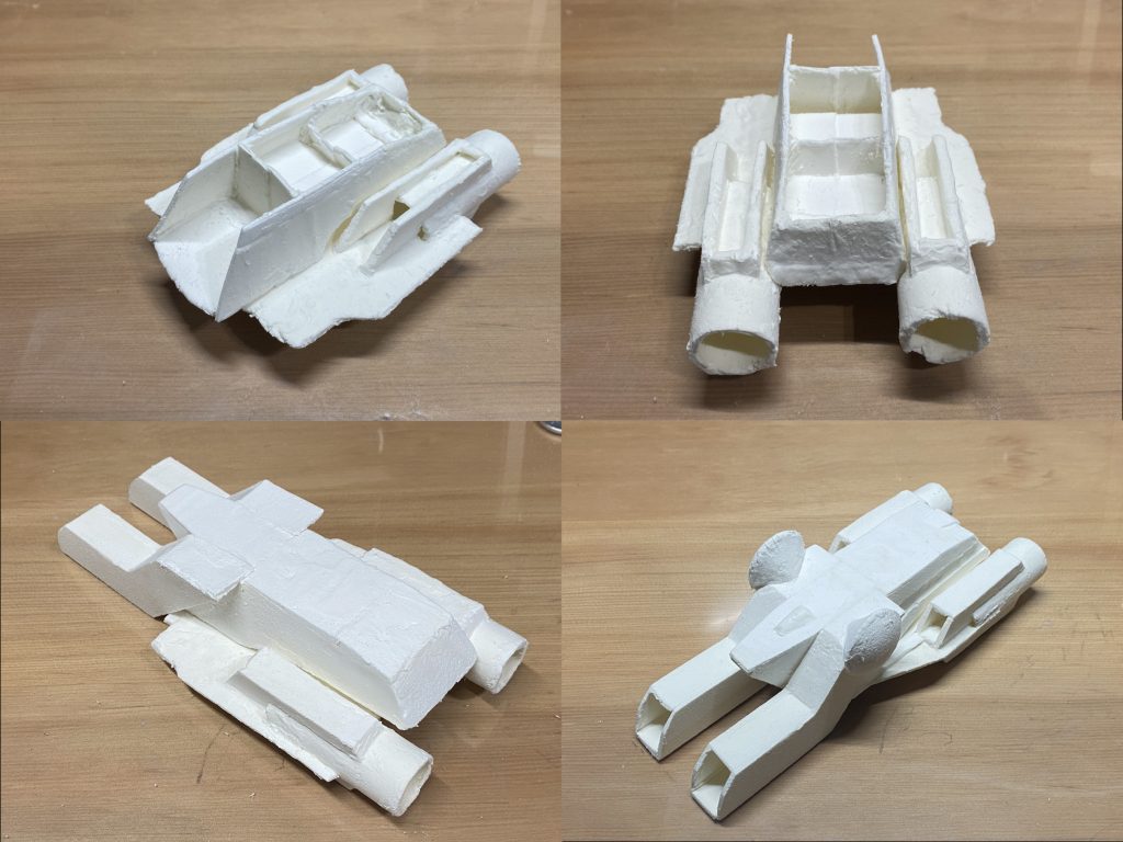 今回は軽量紙粘土を主に使用しています。紙粘土を板状に伸ばして乾燥させ、切ってから組み立てます。板状の粘土は乾燥すると曲がるので、それを平らにするのが少々面倒でした。コミックを参考にしながらも、3D化が難しい箇所は自分のイメージで形を決めています。