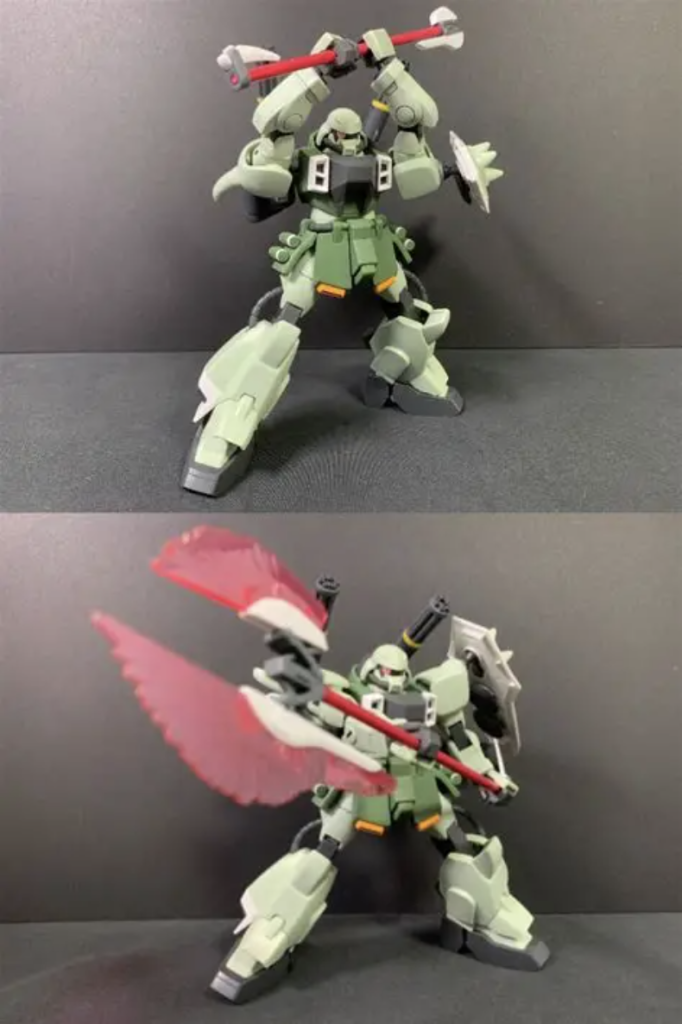 劇中でイザークのザクファントムがやってた頭上でアックスを回してサンライズ立ちのイメージ。