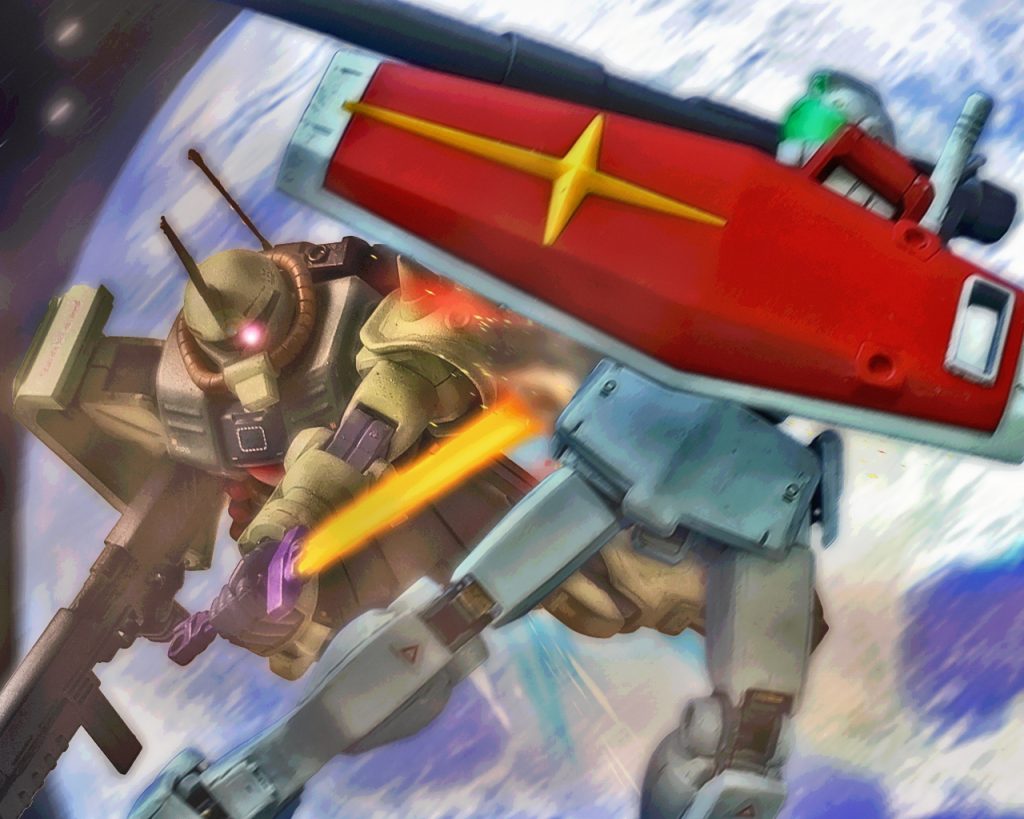 「後ろにも目をつけろっ!!」マサムネ・キリュウ大尉のザクFZが動きが遅いジムの背後に廻ると、脇腹へ会心の一撃を与える。ジムはそこから炎を上げると爆発し上半身と下半身がそれぞれ違う方向へ飛んでいく。ここで双方1機づつ失う形になる。エースの貫禄を見せつけるマサムネにより、連邦軍のアドバンテージは忽ちイーブンになってしまう。「…チッ、もう1機やられた!?」ゼノは舌打ちしつつ仲間の援護にまわる。敵はあのレッドタトゥーだ。これまで2回戦闘をしてきたが連中は一般部隊より遥か上を行く操縦技術を持っており、ゼノ自身も辛酸を嘗めさせられてきた。だがゼノ自身も彼らとの戦闘により経験を積み、癖や立ち回り方を理解しつつあった。