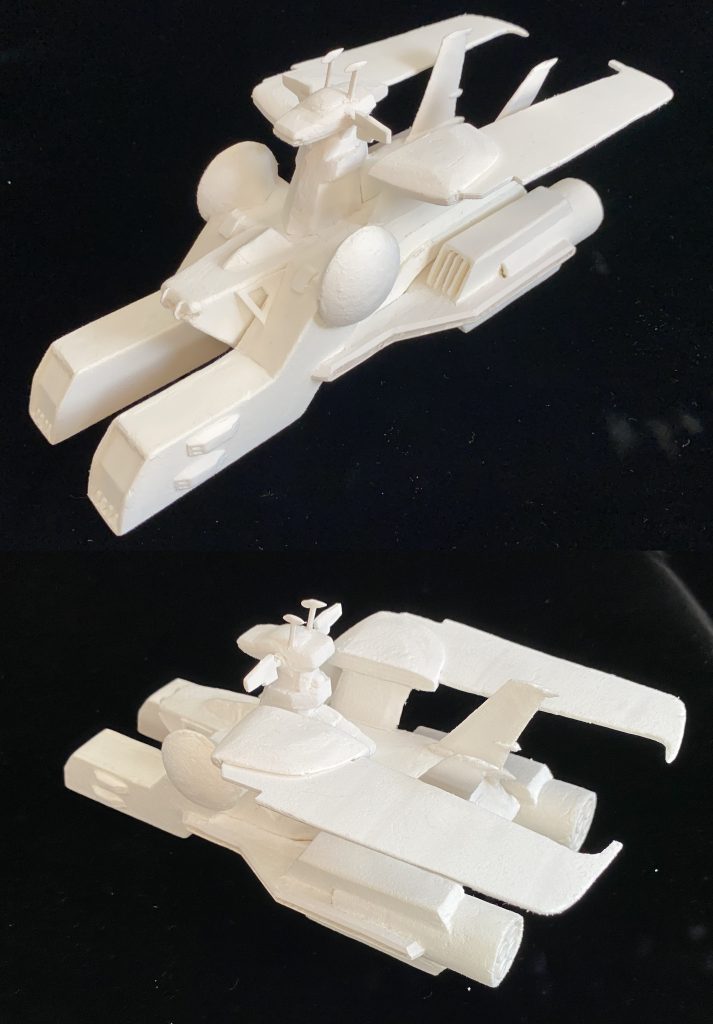 主翼も差し込み式なので、後退させて大気圏突入姿勢もどきにできます。艦橋はダイブできませーん。レーダやアンテナも倒れたり縮んだりできませーん(gundam-kao5)