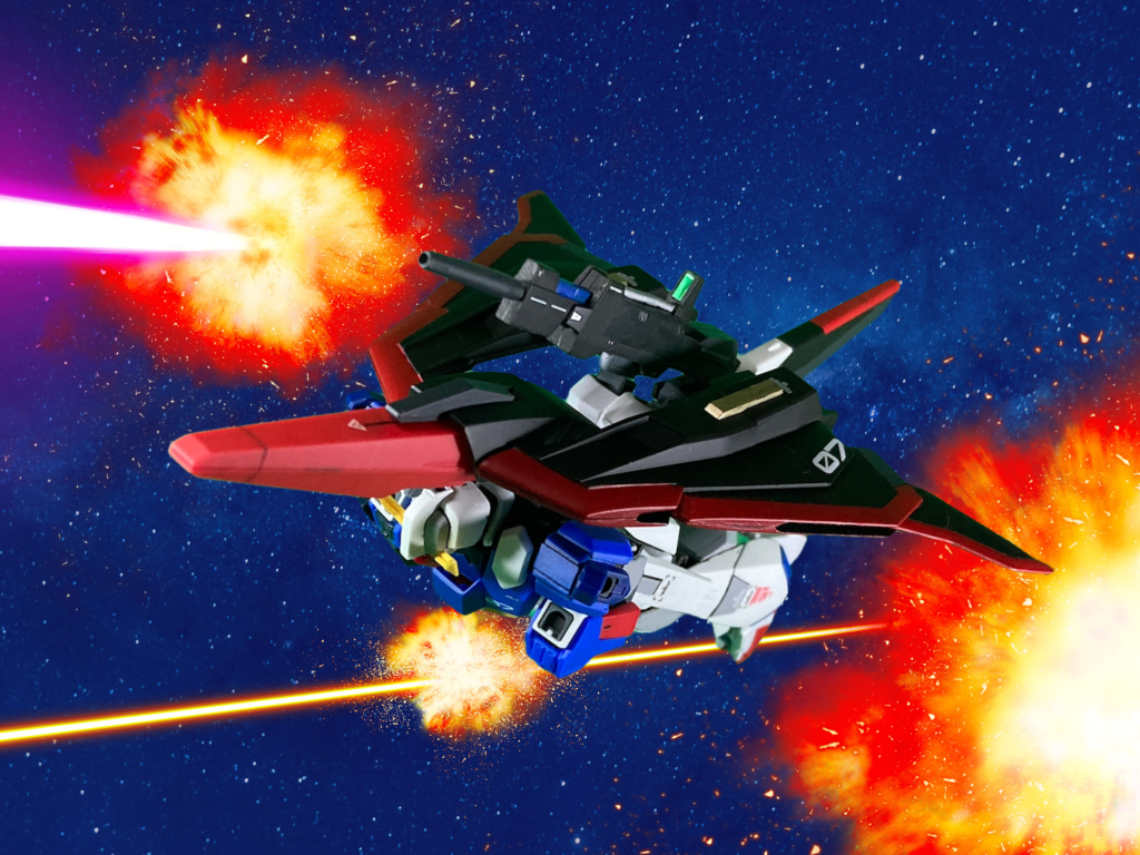 ウェイブライダー形態流石にミキシングで変形も変形用フレームの転用も難しくて俺には無理だったのでシールドとバックパックで誤魔化す寝そべり変形