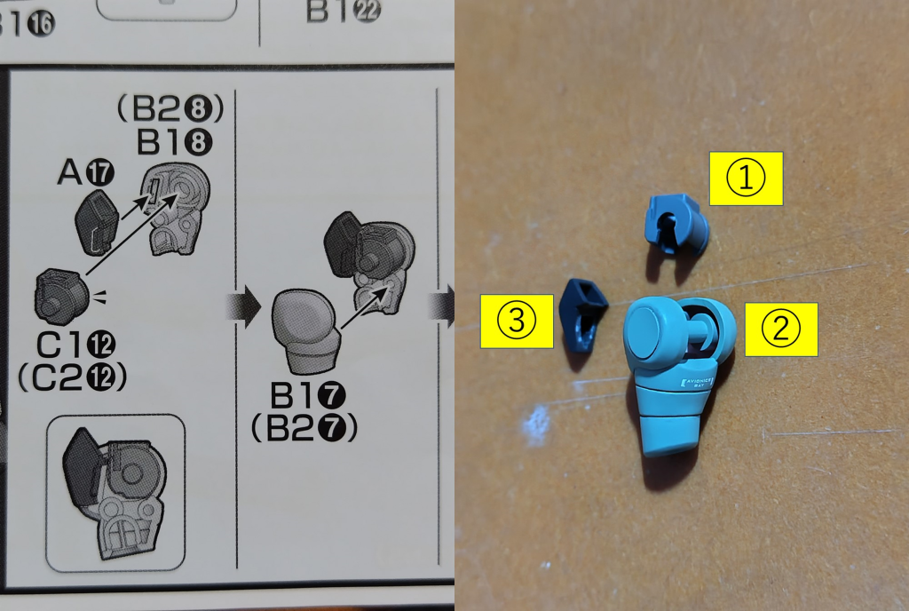 腕の合わせ目消し説明書通りに組むと中心の合わせ目が目立つので、以下の方法で後ハメ加工しました。①関節のピンを切り、穴あけ後にハの字加工。②ランナーを差して肘関節軸を設置。③肘パーツは切断して別パーツ化、塗装後に再接着。