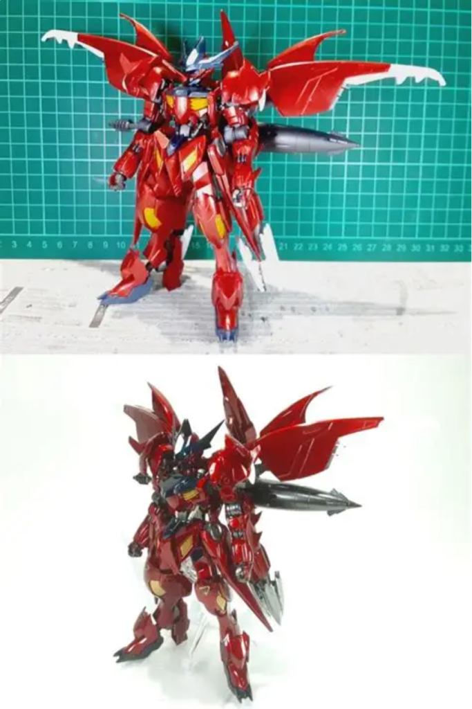 塗装前との比較基本的な加工は全体のシャープ化のみ、武器やハシュマルのしっぽの先端にプラ板を貼って整形してます