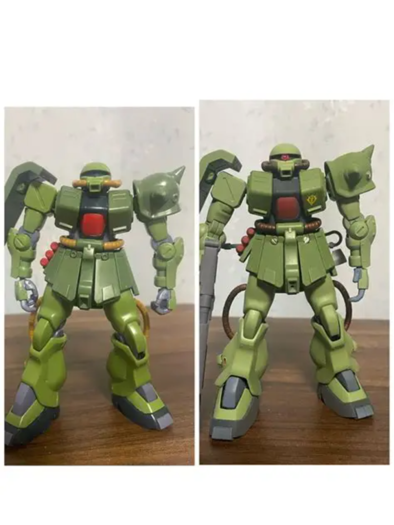 ビフォーアフター。パイプはカッパーにて塗装。最後のつや消しで濃過ぎたのか白くなる場所多数の失敗でした。まぁザクだしいっかとそのままで。パイプのとこが黒くなった部分もおそらくそのせい(T . T)