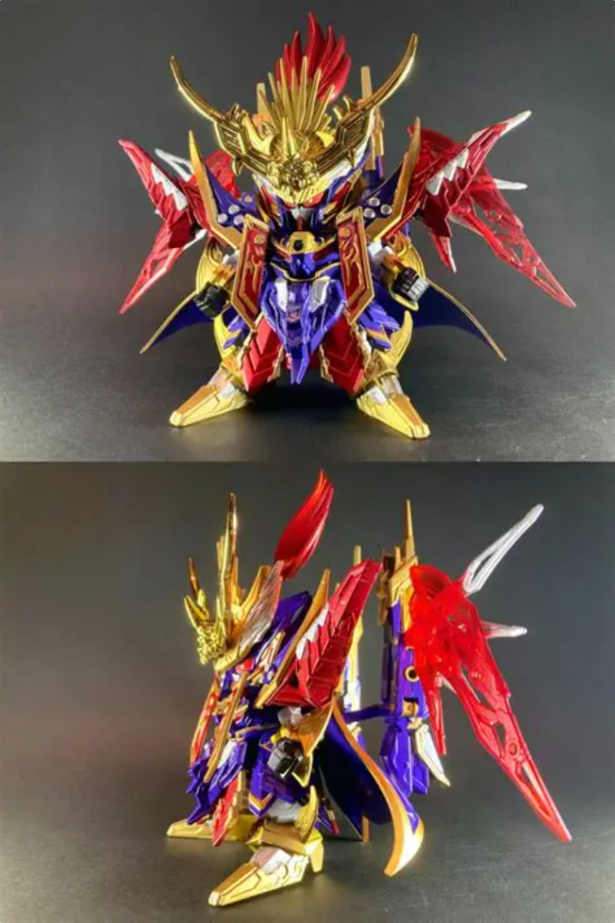 ベースキットとした天下無双大将軍は信長ガンダムエピオンの意匠が色濃く残り、一方で頑駄無闇元帥もまた同じガンダムエピオンがモチーフという事で元々親和性が高く、特徴的な闇元帥キットのパーツを組み込んでカラーリングを寄せるだけでかなり馴染んでくれたと思います。