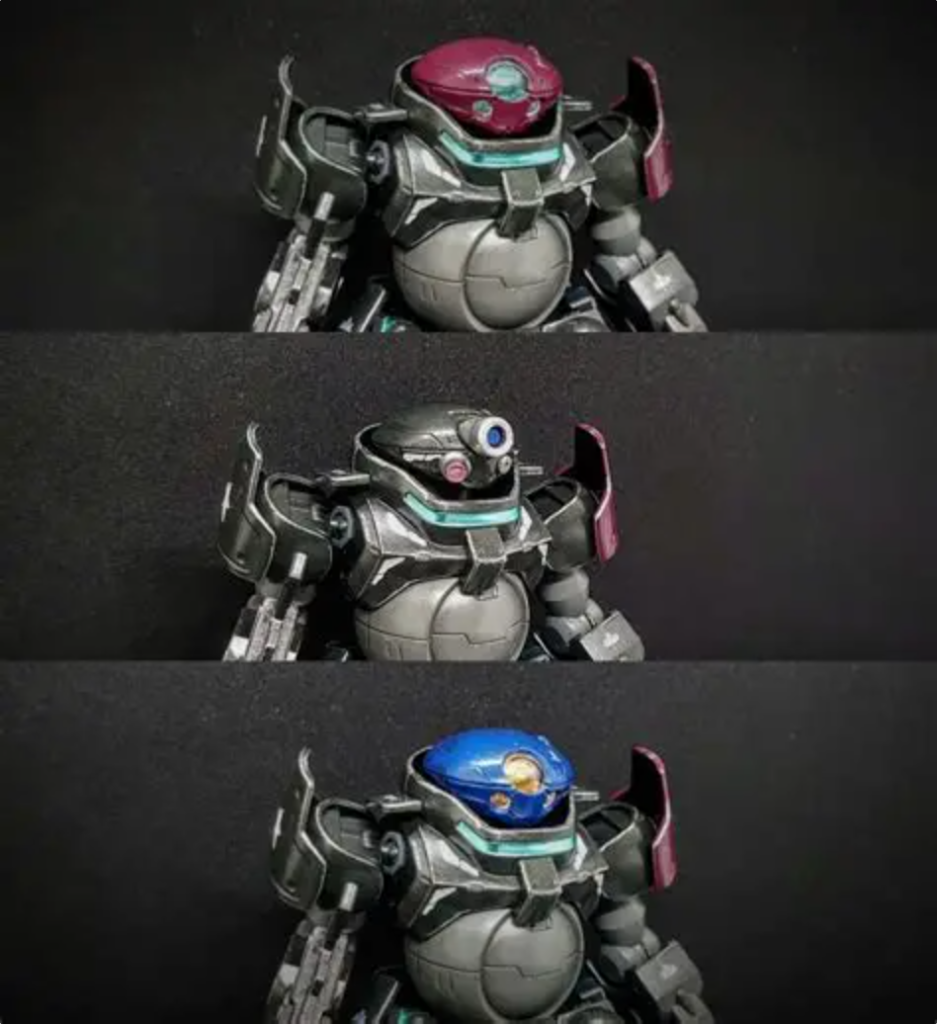 ヘッドが3色、ミニモアはバックパックに収納可能各ヘッドは光沢系の塗装にしました