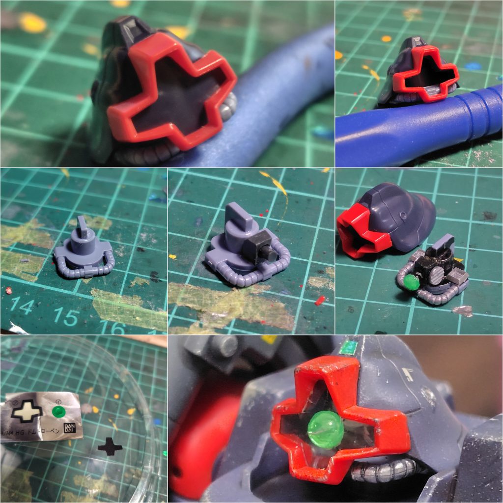 くり抜いてボールジョイント作ってディテールとHアイズ貼ってカバー作って完成!初めてですが形にはなりました(zaku-kao2)