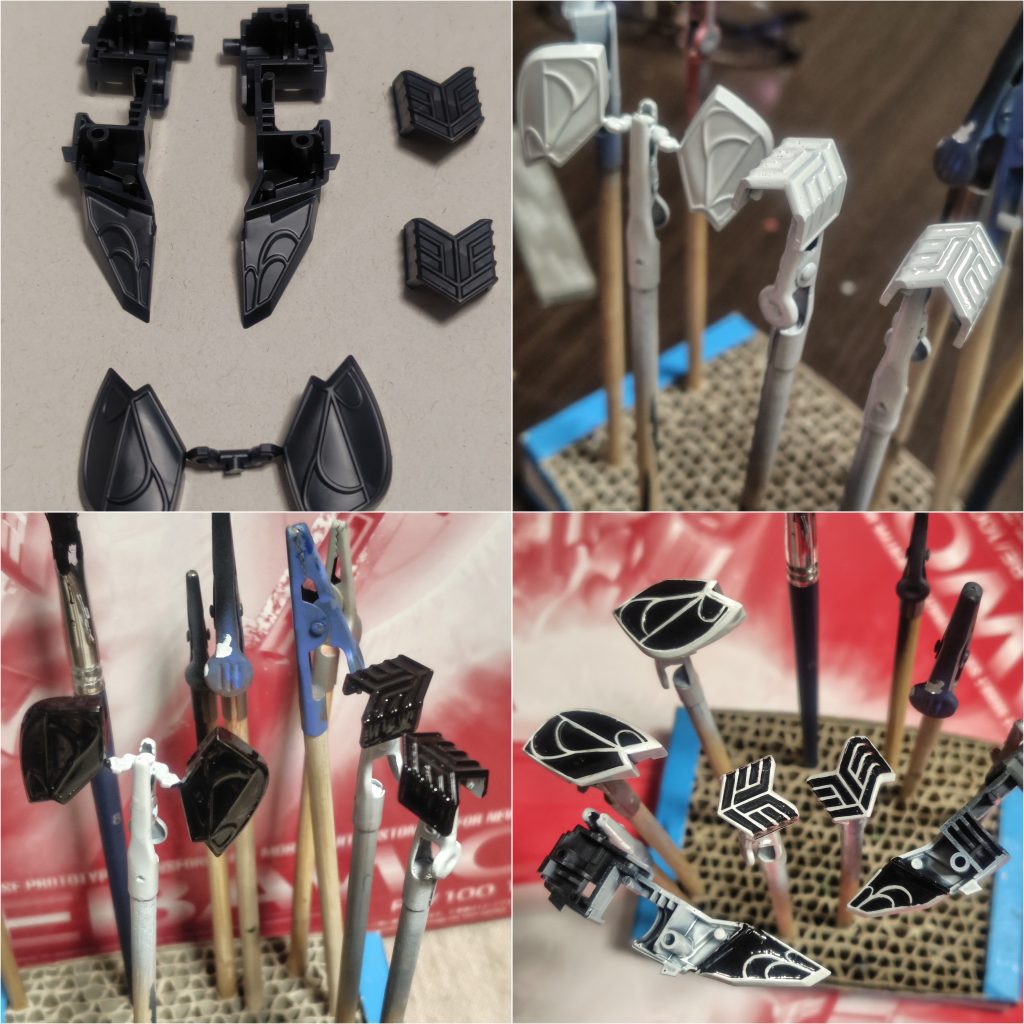 ラッカー白→エナメル黒→エナメル溶剤で拭き取り。