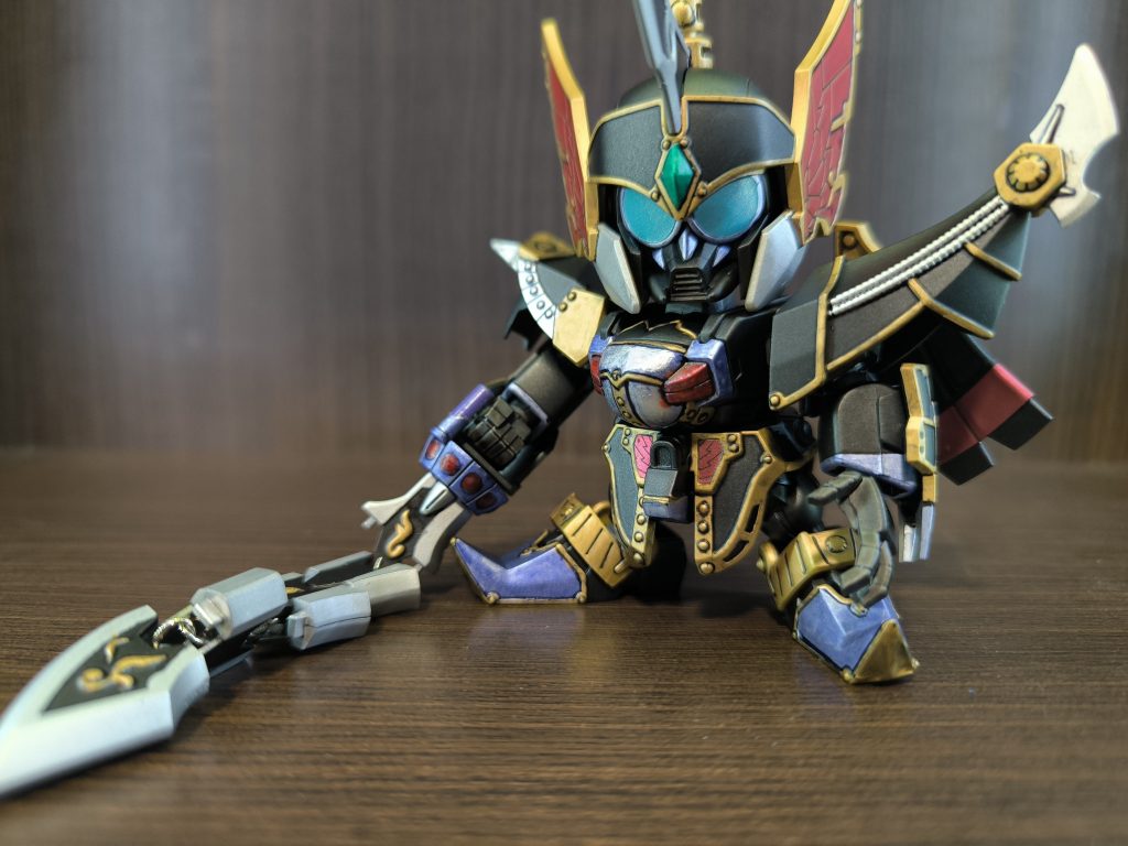 カラーレシピ黒…タミヤメタリックブラックゴールド…ガンダムマーカーレッドゴールドシルバー…クレオスシルバー部分シルバー…ガンダムマーカーシャインシルバーパープル…ガンダムマーカーメタバイオレットグリーン…ガンダムマーカーメタグリーン兜赤部分…タミヤメタリックレッド仕上げにMr.スーパークリアつや消しです。