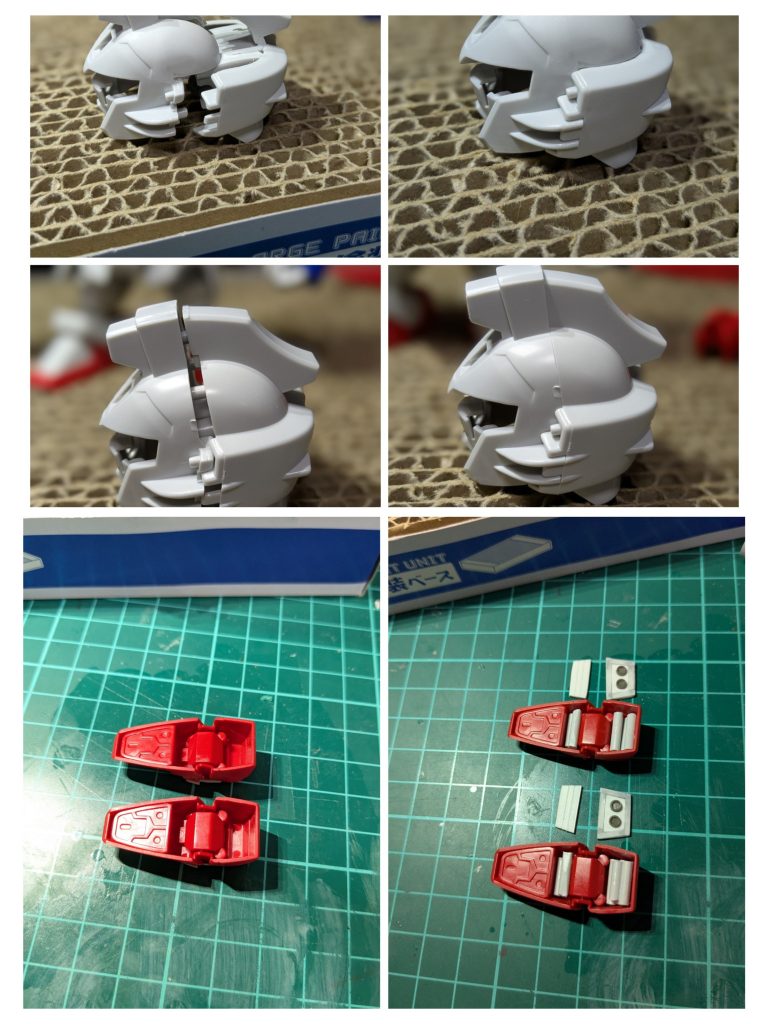 頭部改良&足裏作製。頭部は普通に合わせ目を消してしまうと顔パーツの塗装が大変なので顔パーツを後ハメできるように加工してます。