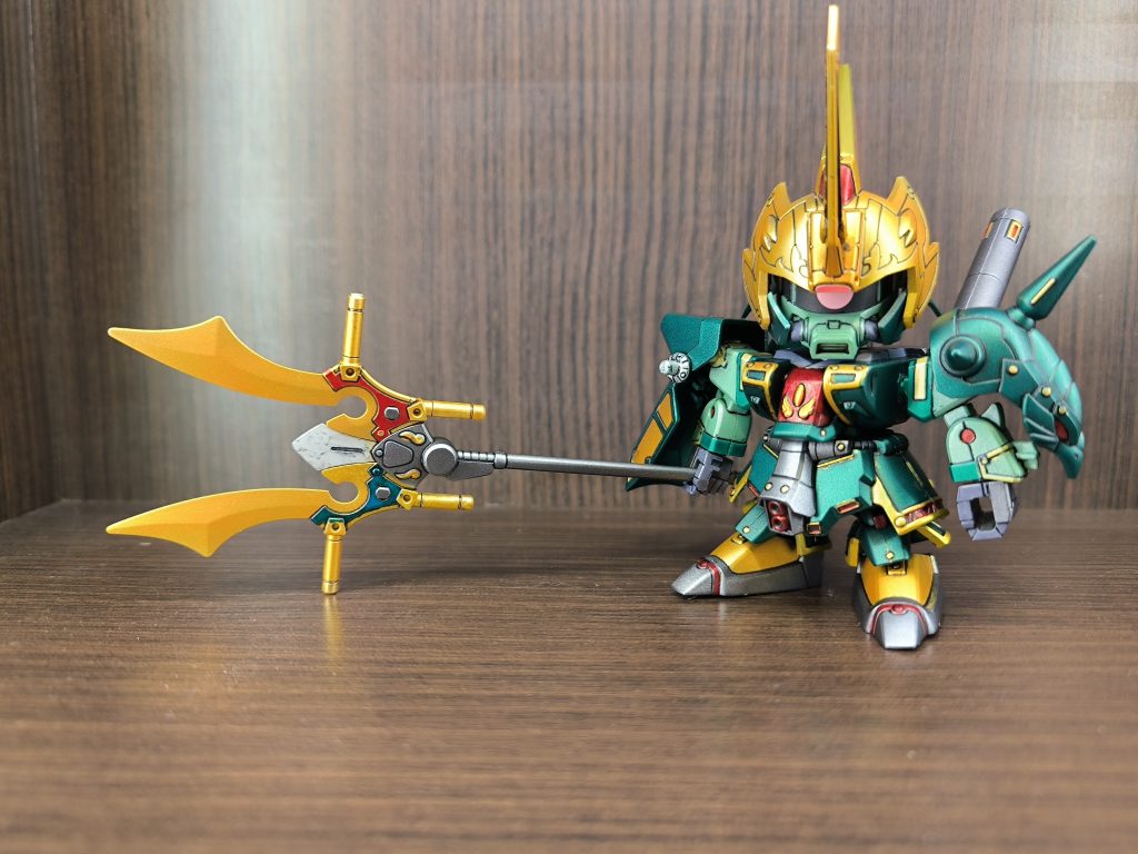 カラーレシピゴールド…GMイエローゴールド濃い緑…クレオスメタリックグリーン薄い緑…タミヤパールグリーン足先他…タミヤライトガンメタリックレッド部…GMロイヤルメタレッドブルー部…GMコスモメタブルーシルバー…GM社員シルバーグレー…GMメカグレー仕上げ…Mr.スーパースムースクリアつや消し※GM＝ガンダムマーカー