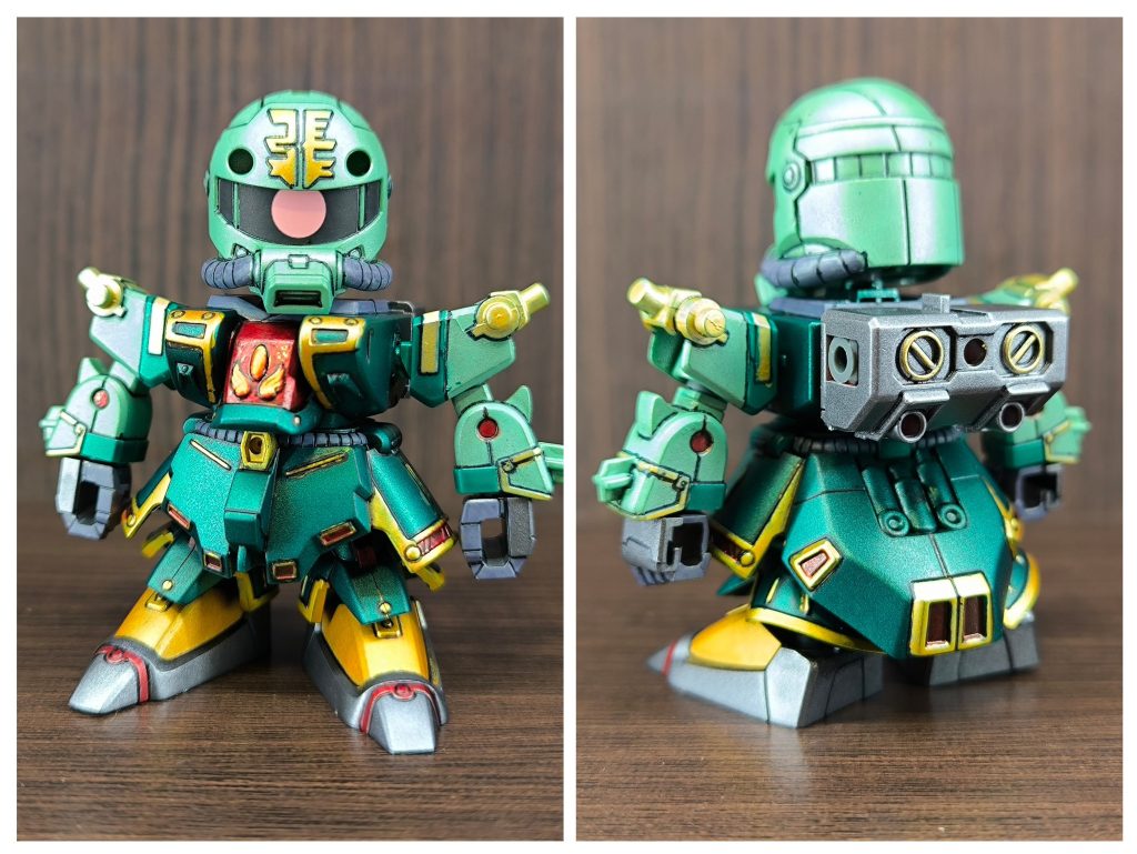 軽装形態！このキットバックパックはついておりません、バックパックはBB戦士の烈火武者ガンダムのバックパックを加工しプロペラントタンクはBB戦士シナンジュから拝借し作りました！ちょっとタンクが細いけど無いよりは全然良い！