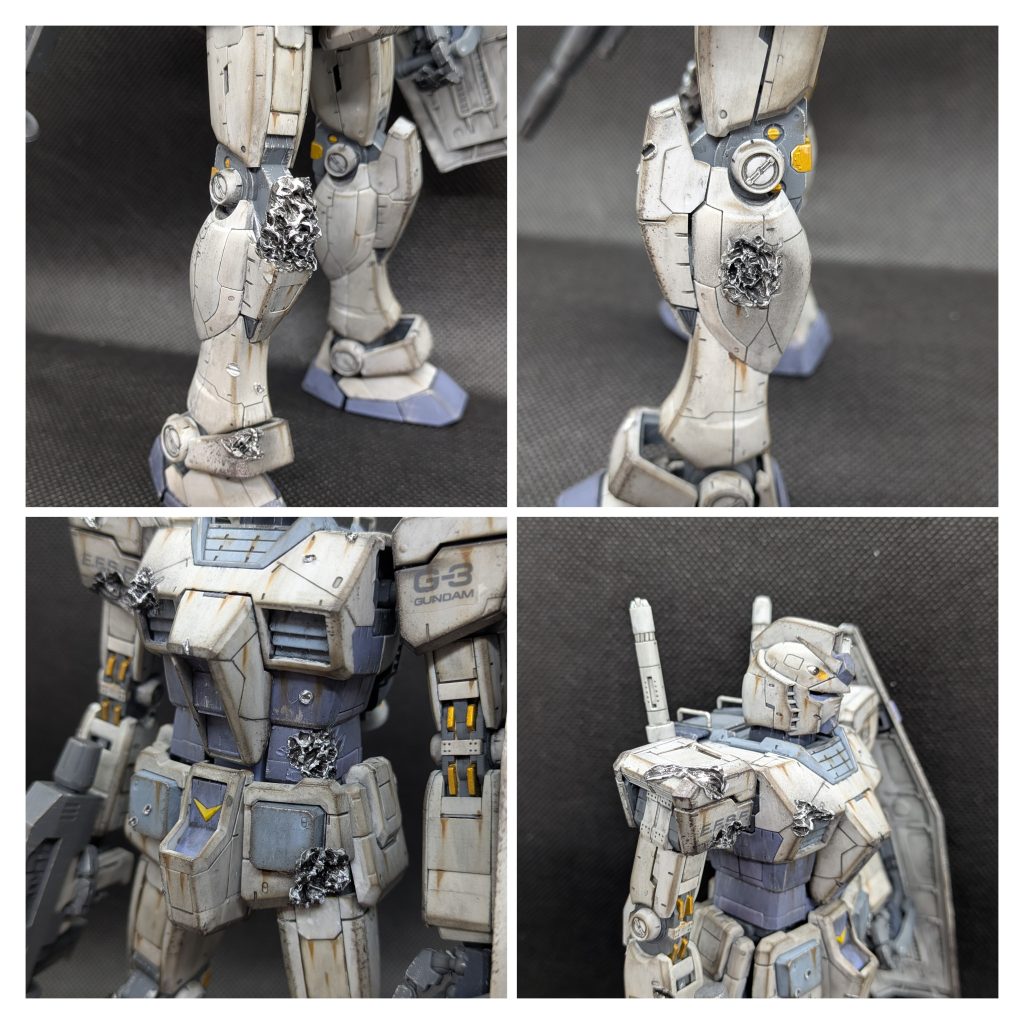 今回のダメージはこんな感じです。脇腹のダメージは危険です!バニング大尉の二の舞かも💦 あと膝アーマー外したら肉抜きが凄かったので、余ったランナーを溶かして貼り付け→また溶かすという荒業をしております。この際、アムロがこんなに被弾するのかは考えてはいけない・・・