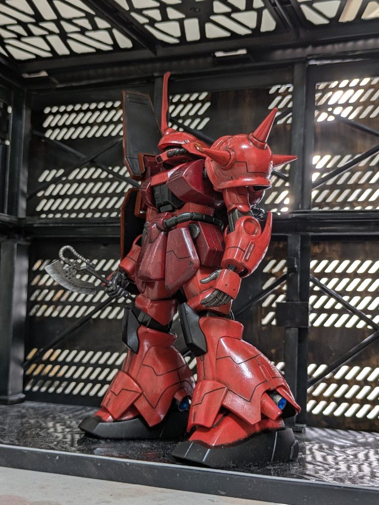 塗装レシピ下地に黒サフを筆塗り全塗装。ピンク部分 サーモンピンク小豆部分  茶色→ワインレッド茶色部分  茶色→ワインレッド→茶色パイプ   ダークグリーン(オリジナル)フレーム  赤鉄色バーニア  クロームシルバー→クリアブルー