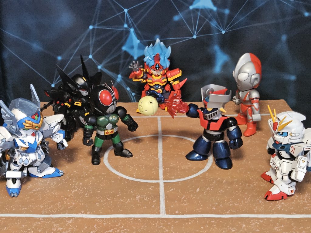 ジオラマベースを4つ組み合わせ、ドッジボールコートを制作。ディスプレイに収まるサイズで制作してるため奥の外野部分はカットされてます。デザイン違いのコート、ボールを投げた際のエフェクト等追加すると様になりそうです♪しかしドッジボールをするにはまだ人数が足りていない。メンバー集めは続く。