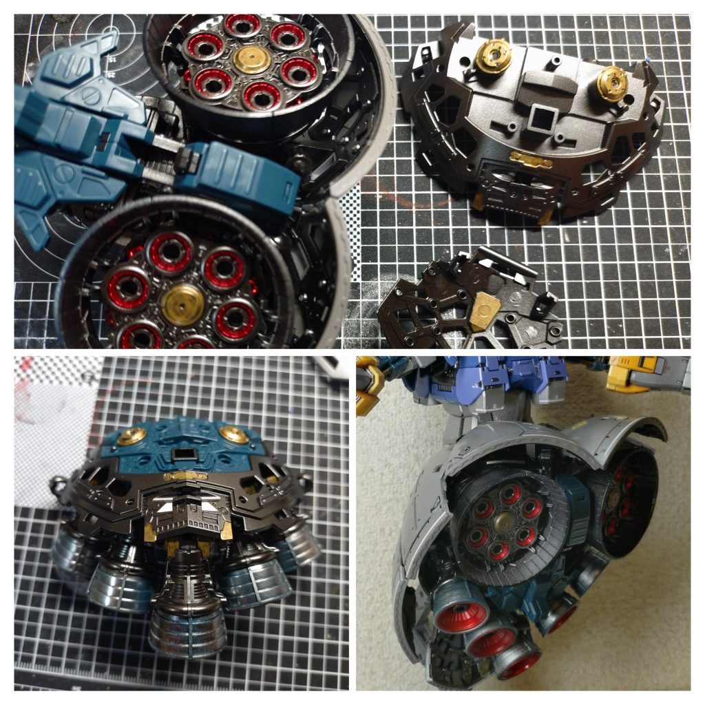 今回は光沢仕上げを目指していたので、内部フレームやシルバーの外装、バーニア部分を艶黒で下地づくりをした後に、シルバーを吹きました。最終的には隠れしまうフレーム部分にも、ちょっとだけ塗り分けをして、自己満に浸るw