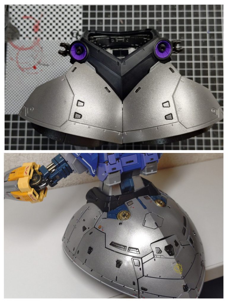 当初はガンマカのメタリックシルバーを吹きましたが、乾燥に時間掛かるのを知らなく指でペタペタ……頭部に悲劇が起きました。作戦変更し、腰下や腕周りはシャインシルバーを2回程吹き、スミ入れ、デカールの後に光沢を3層重ね、2000〜6000で磨き、それなりの仕上りになったかと。