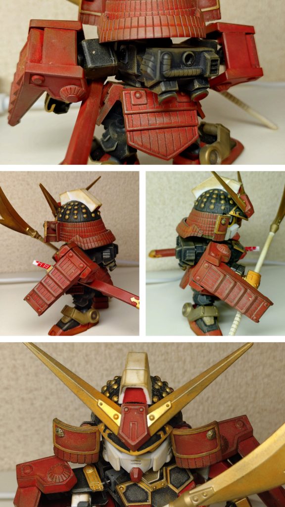 ウェザリングマスターで、エッジの部分を重点的に。戦場で埃まみれ泥まみれになった感じを出したかったですが、もう少し汚しても良いのかな？刀傷や銃創みたいなのも、表現出来る様にしてみたいですね。日々研究です。