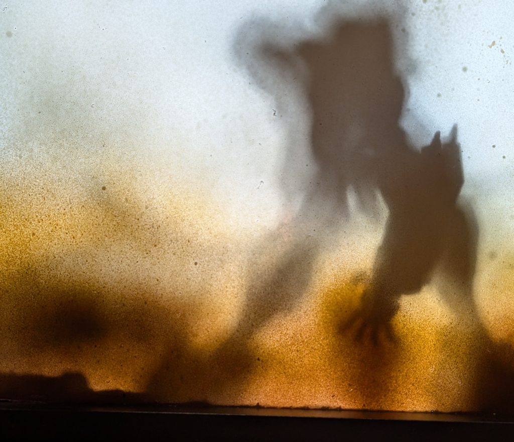 背景は脱着式にしてるので、ジオラマの正面に持ってきて裏から照明を当てれば砂塵の中の悪魔的シルエットが楽しめます。ボケてますが…😓