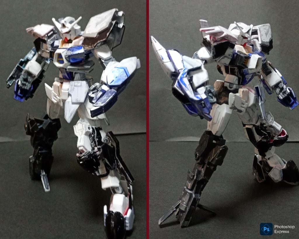 左右を比較してみましょう。どちらかというと左半身の方が重装甲である一方で、右腕のガントレットだけ巨大化しています。右脚は30mmのブースターを使用。クシャトリヤ・リペアードみたいな武器っぽい足を目指して制作しました。他のパーツはジャンクをひたすら接着。