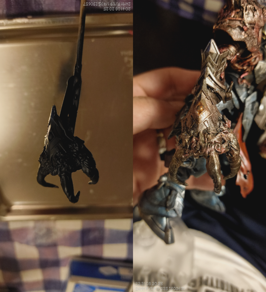 〔右手の成形と塗装〕CSバルバトスの手にSDWのパーツとパテで盛り付けて成形下地を作ったあとに、スポンジとドライブラシにて、メタリックブラウン、レッド、ガンメタリックの塗料で塗装