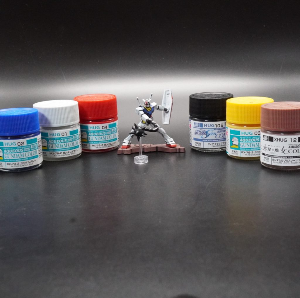 使用した塗料です。すべて、水性ホビーカラー、半光沢のガンダムカラーです。調色する必要もなく、隠蔽力もあり、重宝してます。