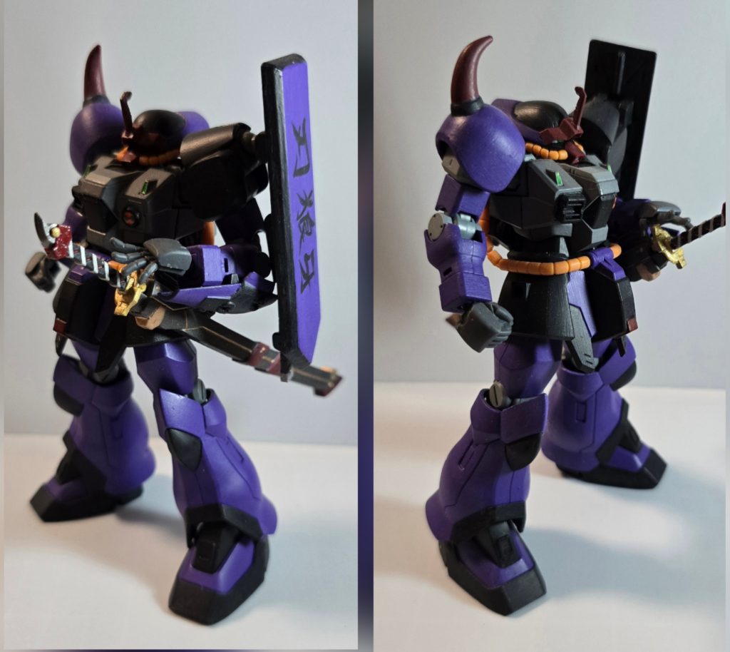 フロントイフリートをベースに、近接専用にしました。両肩アーマーはザクウォーリア、シールドはヅダのシールドを改造した物を使いました。シールド裏に、ビーム刀をマウントしています。左胸部にはドムの拡散ビーム砲モドキを装備しています。