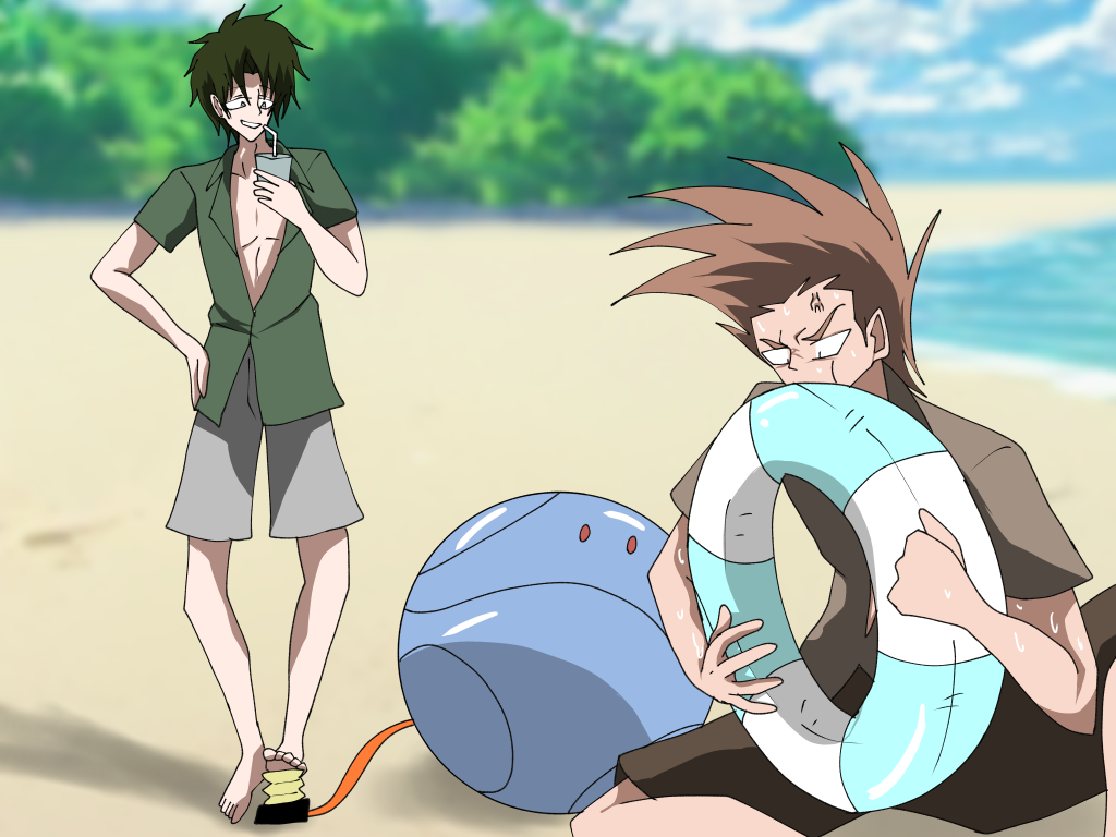 イーザン「フゥーッ!フゥーッ!ハァハァ…ヨハンそっちは大丈夫か!?」ヨハン「おう、まかせろまかせろ」(シュコシュコシュコ)イーザン「フゥーー…ハァ…ハァ…クソー地球はあちーな…しんどいぜ…空気入れるの…っ!ヨハンもがんばれ…っ!」ヨハン「おうゆっくりやろうぜ」(シュコシュコシュコ)