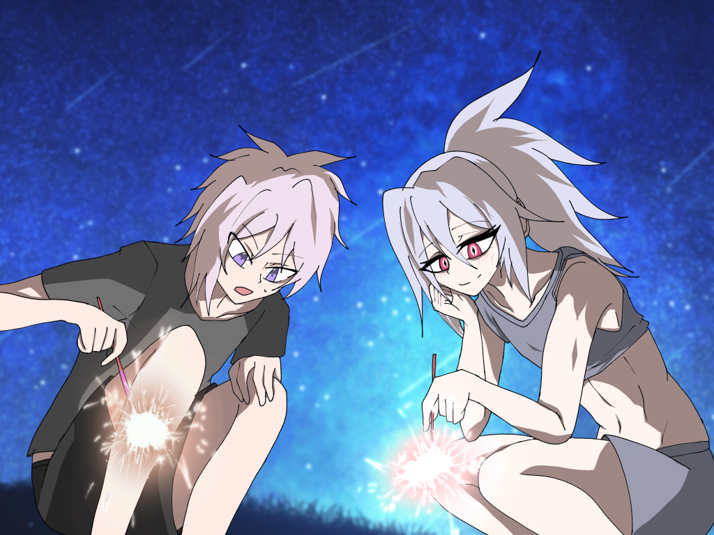 グラム「わっ…おっとと…あっぶねぇ」シルヴィ「ふふグラム君は花火初めてなんですね」グラム「はい、話で聞いてただけで本物はこれが初めてです、シルヴィさんはやったことあるんですか?」シルヴィ「いいえ私も実は初めてなんです、コロニーじゃ自由に扱えませんからね、短い夏休みですが地球での思い出を作りましょうグラム君」グラム「はい!シルヴィさん!」 極秘任務とはいえ彼らにも休息は必要なんです皆さんもあまり無理せずのんびり過ごしましょう!はうんどとの約束だぞ!