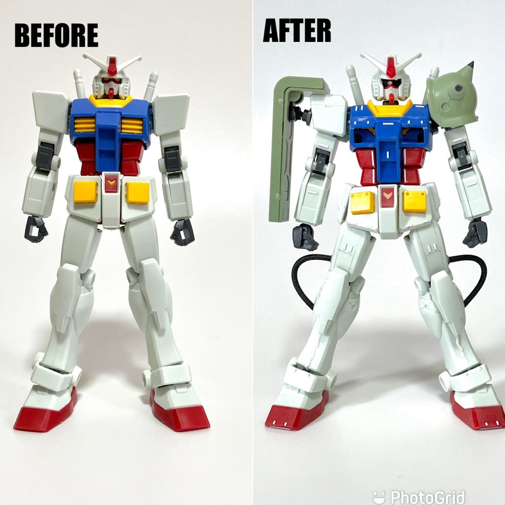 ビフォー・アフター。私の中ではお決まり改造ですが、股関節の付け根を2mm外側に移動してどしんと重心が下がったイメージにまとめています。プラ板加工もご参考にいただければと思います。