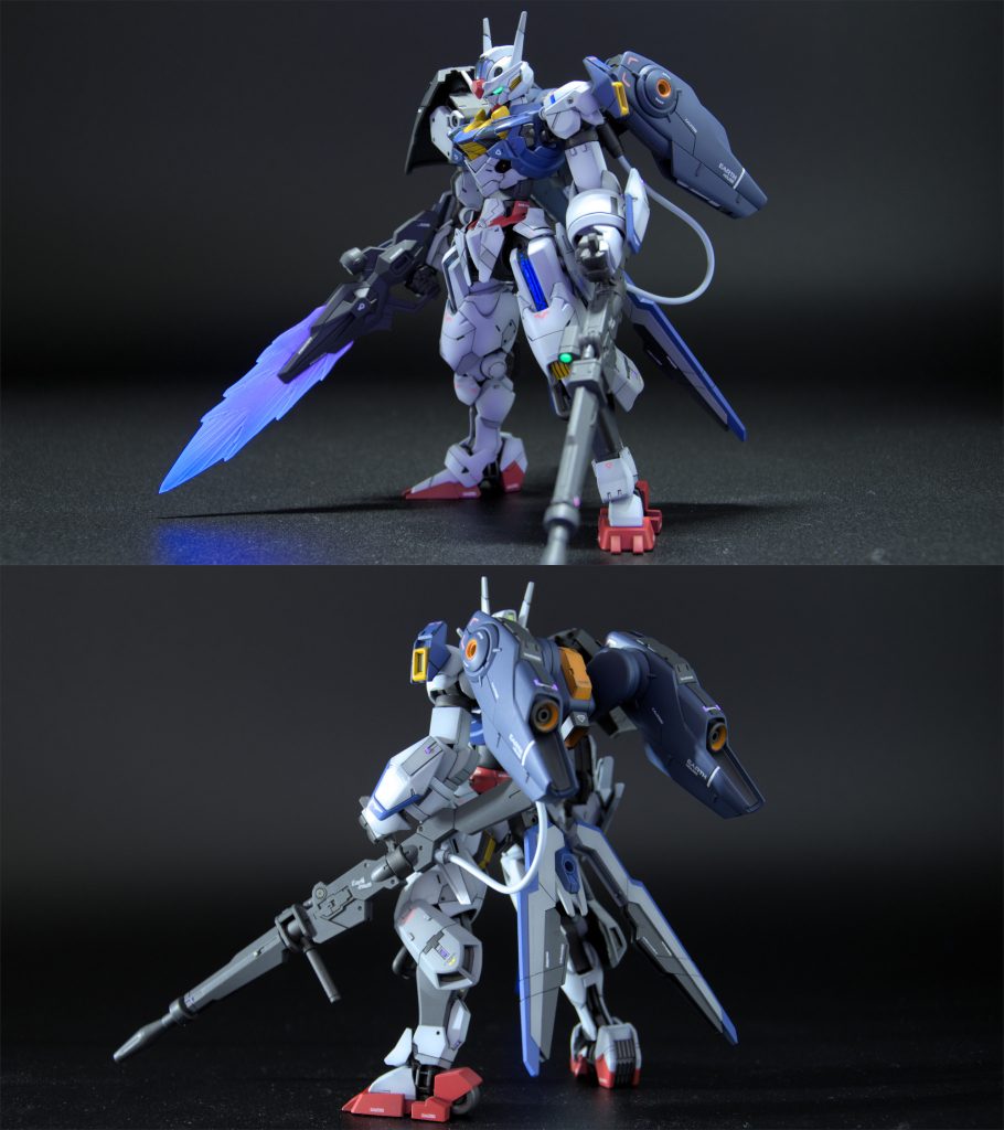 HGエアリアルは胴回りが詰まって見えるので、他のモデラー様方の作品を参考にプロポーションも改修してみました。腹部パーツと太もも付け根のパーツを延長しています。また、股関節の干渉個所を削って太ももの回転域を広げたり、腕の付け根のパーツ内側を削って肩の軸を後ろ側に傾けやすくしています。ビットオンフォーム時のリアアーマーへの接続は稼働が窮屈に思えたので、可動軸を新設して後方へ逃がせるようにしています。