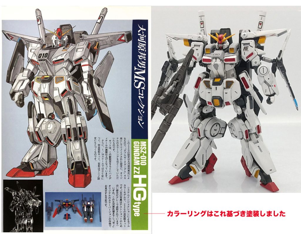 非常に出来の良いキットで素立ちポーズもいいでですが、股関節にハの字加工を施し足を延長したプロポーションは秀逸です。色数を抑えた大河原邦男リメイクカラーはアニメ色を払拭したダブルゼータになりノーマルZZとは違った魅力が感じられます。小スケールならではのマニアックバリエーション機はコレクションにピッタリな機体になります。