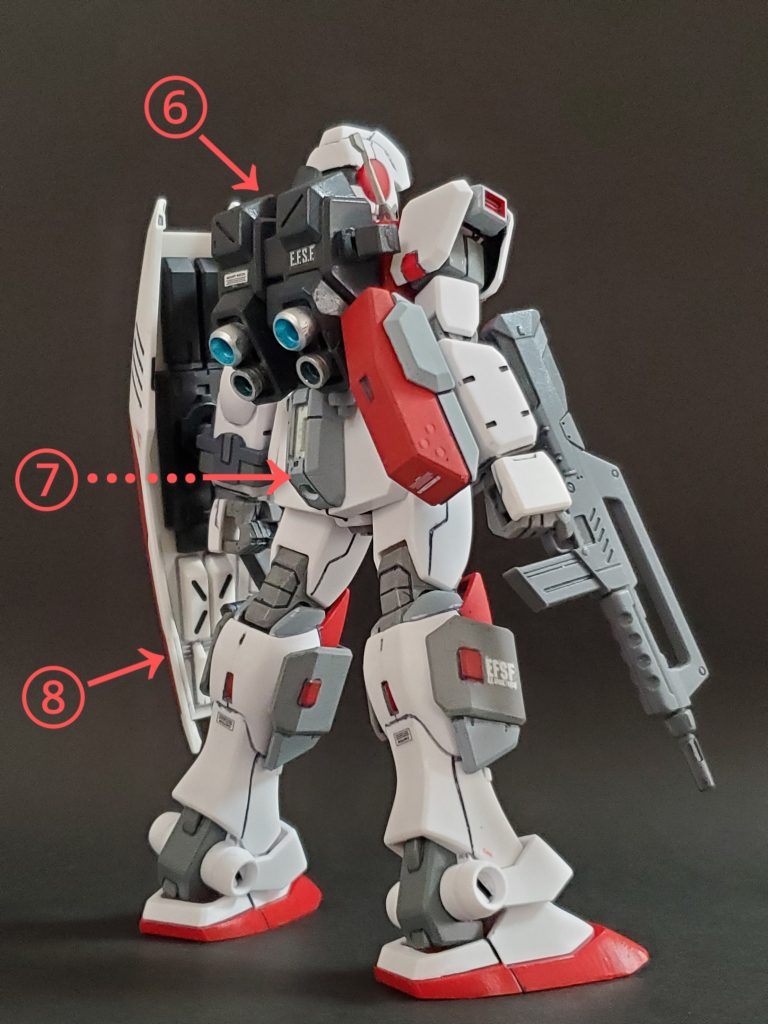 Lia view～✴️⑥ノーマルのバーニアパックでは追加アーマーの重量に負けてしまうので出力の高そうなバックパックに変更👍️こちらはジムIIセミストライカー製作時に余剰パーツとして残ったバックパックを流用しました😊🎵⑦腰裏部にはビームサーベルの位置変更でスペースが空いたので追加ジェネレーターという妄想でパーツを装着🎵これは旧HGUCガンダムの腰パーツから流用しました🙌本当はハイパーバズーカを腰に装備したくて付けました🤭💦⑧シールド🛡️もアレックスより流用です😌そして今回はささやかですが腕、足、アンクルガードにスジ彫りを縦ラインに加えました❗そしていつもの如く筆塗り🖌️ですが、追加アーマー脱着の際に塗装が剥がれる恐れがあるので白の部分は成形色のままです🤭💦