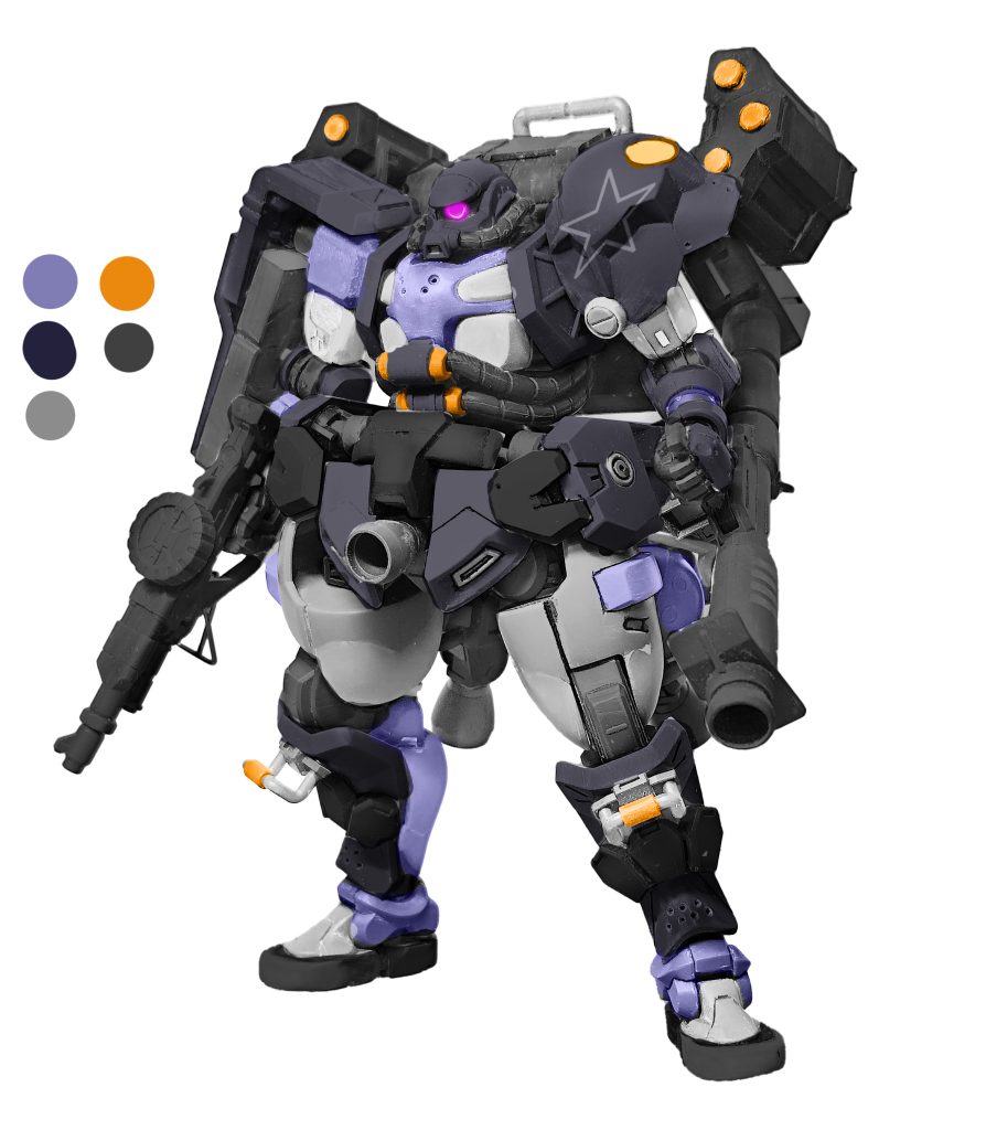 カラースキーム。あまり設定色は用いないのですが今回のコンセプトが決まってからは一気に塗装まで駆け抜けました。いつもの水性塗料オンリーですがぴったりの色はないので本体の濃紺、サブカラーのラベンダーパープルは調色に苦労しました。レシピは覚えてません!最後までご覧いただき、ありがとうございましたm(_ _)m