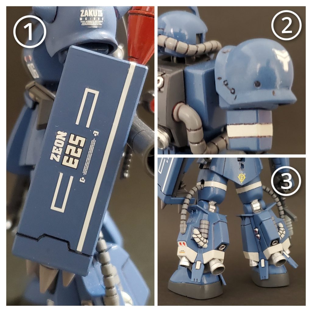 次は各流用パーツ解説~🙌🎵①スパイクシールドは旧HGUCザクⅠから調達~🤭シュツルムフゥウストもセットです👍️②右肩には未組立のオリジン版シャアザクⅠから余剰パーツとなる予定のトゲ無しアーマーを持ってきました😎✨③こちらの両足は述べたようにジャンクからサルベージしました松永ザクの両足をそのまま移植です。6ヶ所のバーニアノズルは軸棒もすべての折れててノズルも無し状態でしたので、寿ノズルパーツを使っております👍️✨