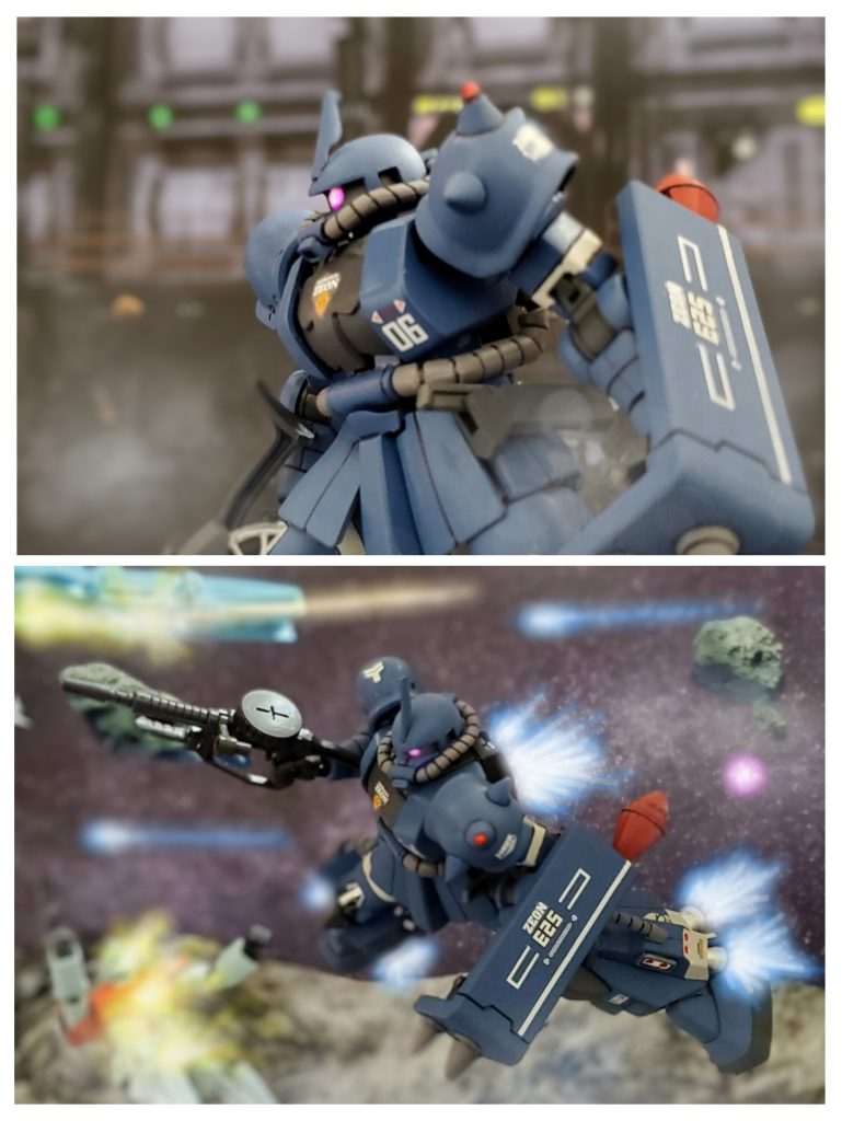 MSハンガーからソロモン第8スペースゲートに移動しE25エリアに向け発進準備に入るアンジェリカ曹長の高機動型ザクII❕E25エリアとは地球降下作戦以降、ジオン攻撃宇宙軍の制圧下にあり、ソロモン、ルナツー、衛星軌道を結ぶ戦略上重要な暗礁宙域エリアである。そのため連邦軍との戦闘が絶えない宇宙での激戦区の一つであった💥開戦当初、MSにより圧倒的な力で地球侵攻を始めたジオン軍であったが戦線が拡大し兵力不足に陥る。そのため0079年4月、国内で第二次臨時徴兵を行い、貧民層の多いサイド3マハルからパイロットを多く採用した。士官学校を経ていない彼らは教育も不十分なまま激戦区に投入され、24時間体勢ローテーションの防衛体勢のE25エリアへと配属。マハル出身のパイロットたちは日々戦闘の中を必死で生き抜いていった。そして部隊でも多くの戦果を挙げていたパイロットの機体には濃紺のエースカラーが与えられ、アンジェリカ曹長もその1人であった🌟🌟