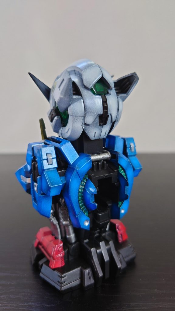 バックショットシルバーの上にクリアグリーンでGN粒子色を入れてみました。エクシア大好きなので満足の出来になりました。最後まで見ていただきありがとうございました！