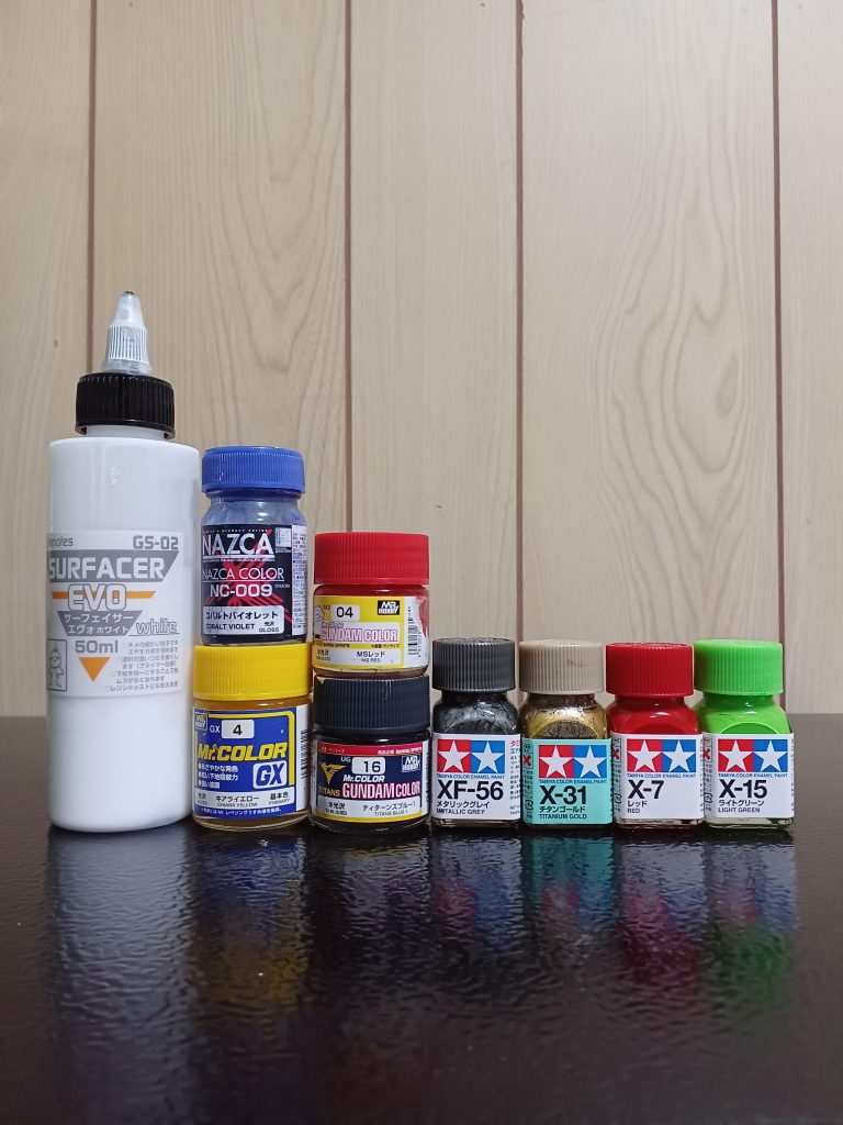 使用した塗料です(gundam-kao6)GディフェンサーはコバルトバイオレットとティターンズブルーⅠを適当に調色しました。