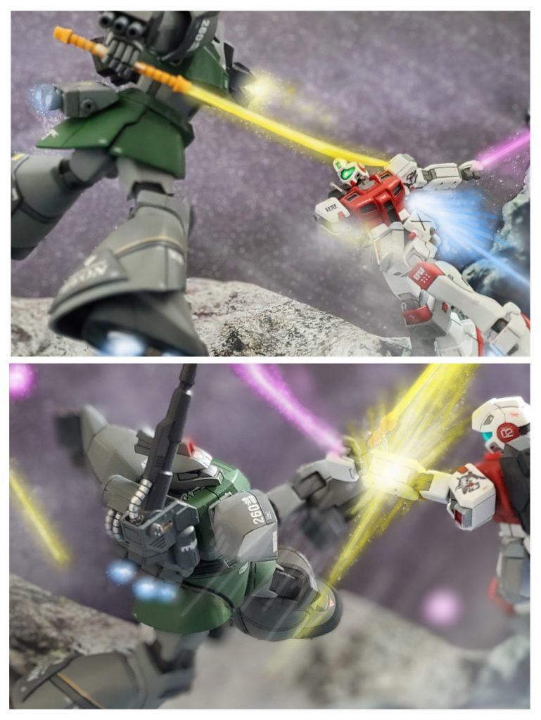 身軽になった高い機動性で追い討ちをかけるジムタイプに対し、オグス中佐は急速に後退し冷静にビームナギナタで払い斬り~🤩✨ジムタイプの左腕も切り落とし戦闘力を奪うのであった👍️その直後、グワジン級よりMS部隊の回収完了の報告が入る❕連邦軍に宙域を包囲される前に撤退するべく、オグス中佐はジムタイプにトドメを刺さず艦隊に合流しアクシズへと進路をとるのであった😔✨そして数時間後…ア・バオア・クーは陥落❕キシリア少将も討たれ、翌日には戦争終結✨1年戦争は地球連邦軍勝利で幕を閉じる✴️ブレニフ・オグス中佐は撃墜王として、MS193機、艦船8隻の戦績を残したのであった…💫以上、私の妄想イメージによるブレニフ・オグス中佐の搭乗機ゲルググキャノンと前回製作した試作型ジムコマンドの激闘でした~🤩🎶